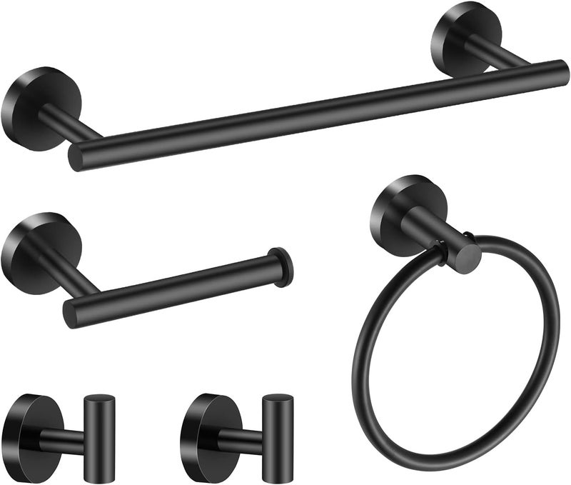 Hinmood Towel Bar Set Mattel Black, Bathroom Accessories Set 5pcs Including 16'' Tower Bar, Towel Ring and 2 PCS Towel Hooks - Image 1